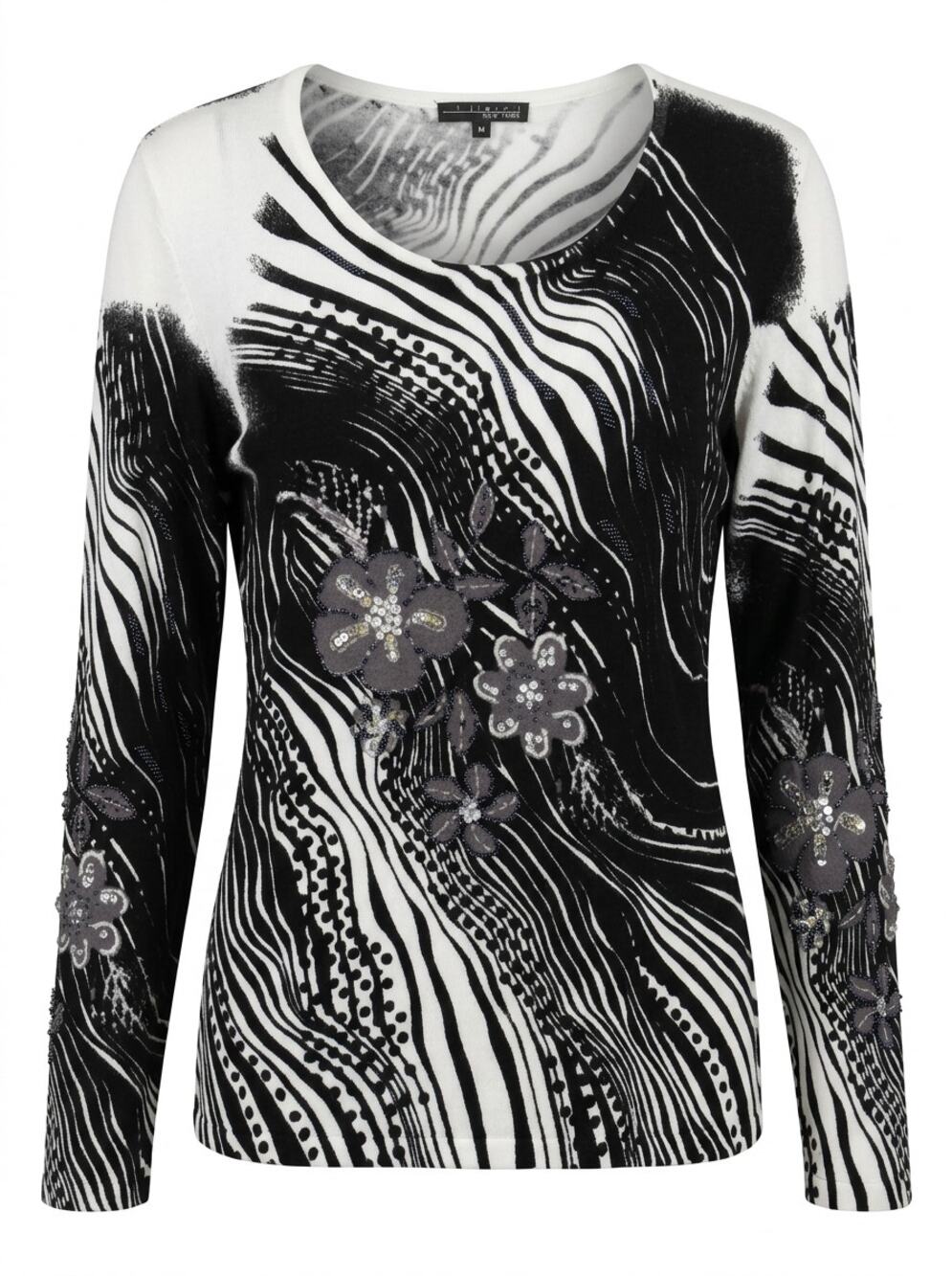 Pierri New York Black White Zebra Print Beaded Floral Knit Top Women Size M